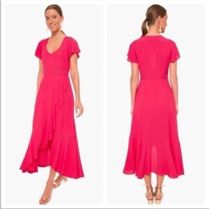Tuckernuck Francesca Short Sleeve Maxi Ruffle Faux Wrap Dress In Hot Pink.Size S